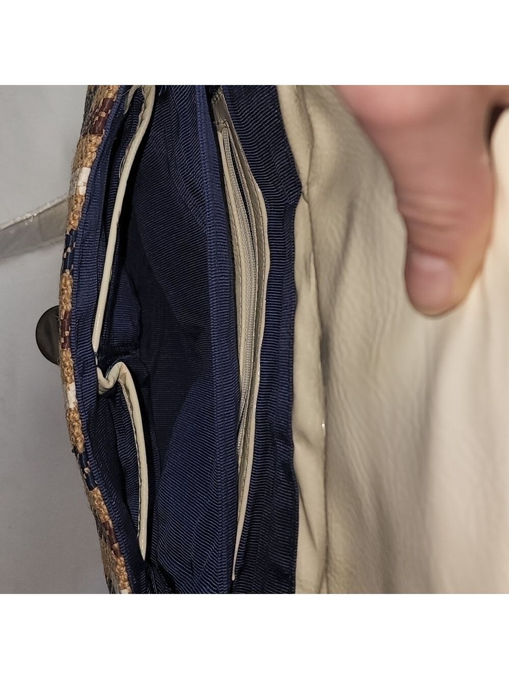 70s Canvas & Leather Turn Lock Satchel Crossbody Handbag Striped Neutral Boho - Picture 9 of 11